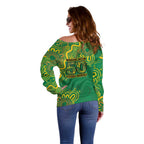 First Nations Darts NAIDOC 2026 Off Shoulder Sweater Aboriginal Dot Art Dartboard Green
