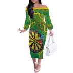 First Nations Darts NAIDOC 2026 Off The Shoulder Long Sleeve Dress Aboriginal Dot Art Dartboard Green