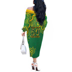 First Nations Darts NAIDOC 2026 Off The Shoulder Long Sleeve Dress Aboriginal Dot Art Dartboard Green
