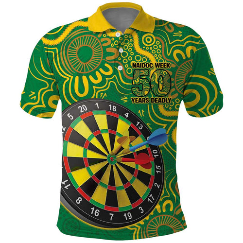 First Nations Darts NAIDOC 2026 Polo Shirt Aboriginal Dot Art Dartboard Green