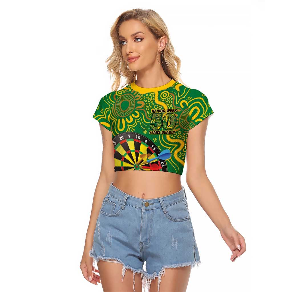 First Nations Darts NAIDOC 2026 Raglan Cropped T Shirt Aboriginal Dot Art Dartboard Green