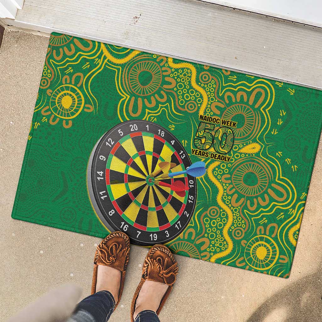 First Nations Darts NAIDOC 2026 Rubber Doormat Aboriginal Dot Art Dartboard Green