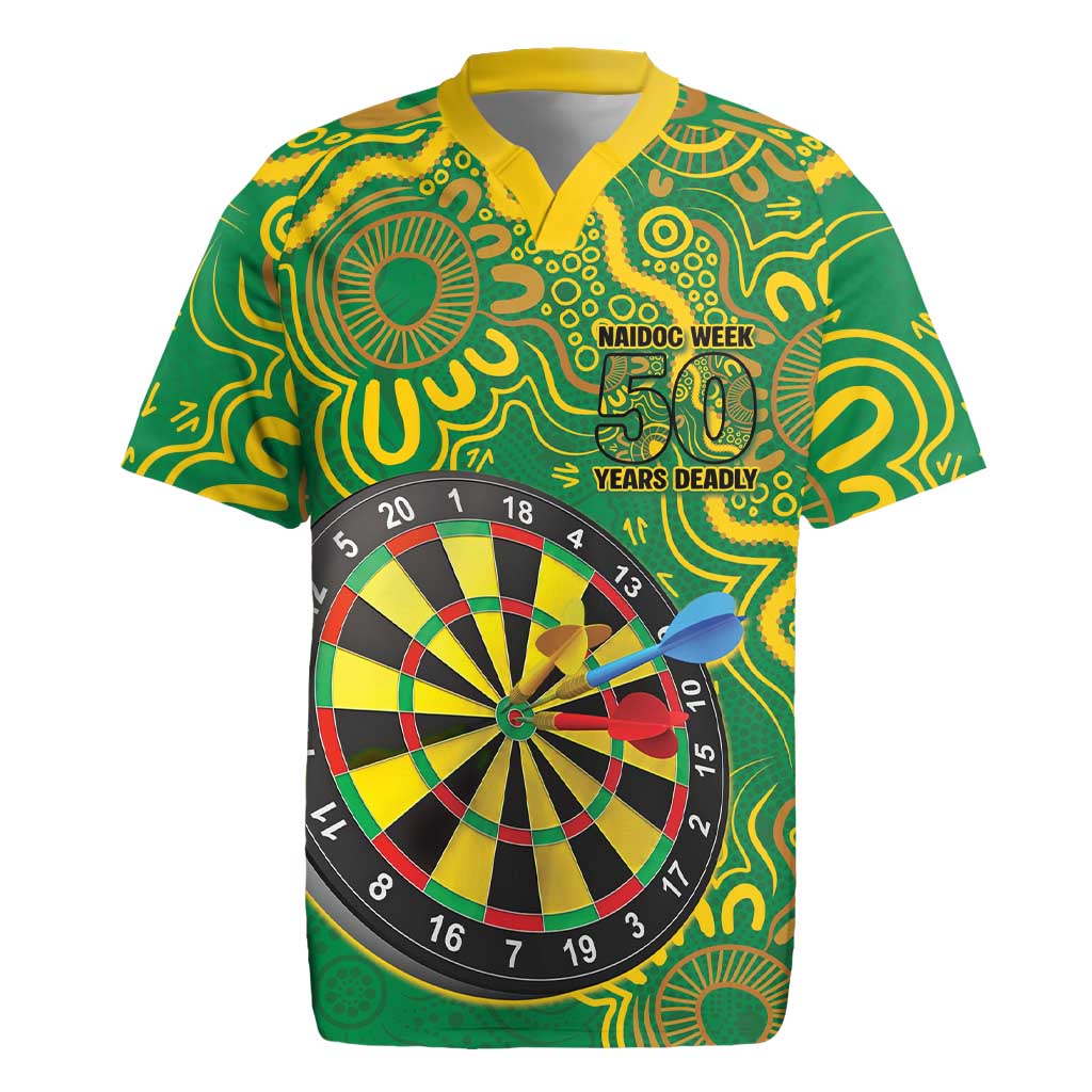 First Nations Darts NAIDOC 2026 Rugby Jersey Aboriginal Dot Art Dartboard Green