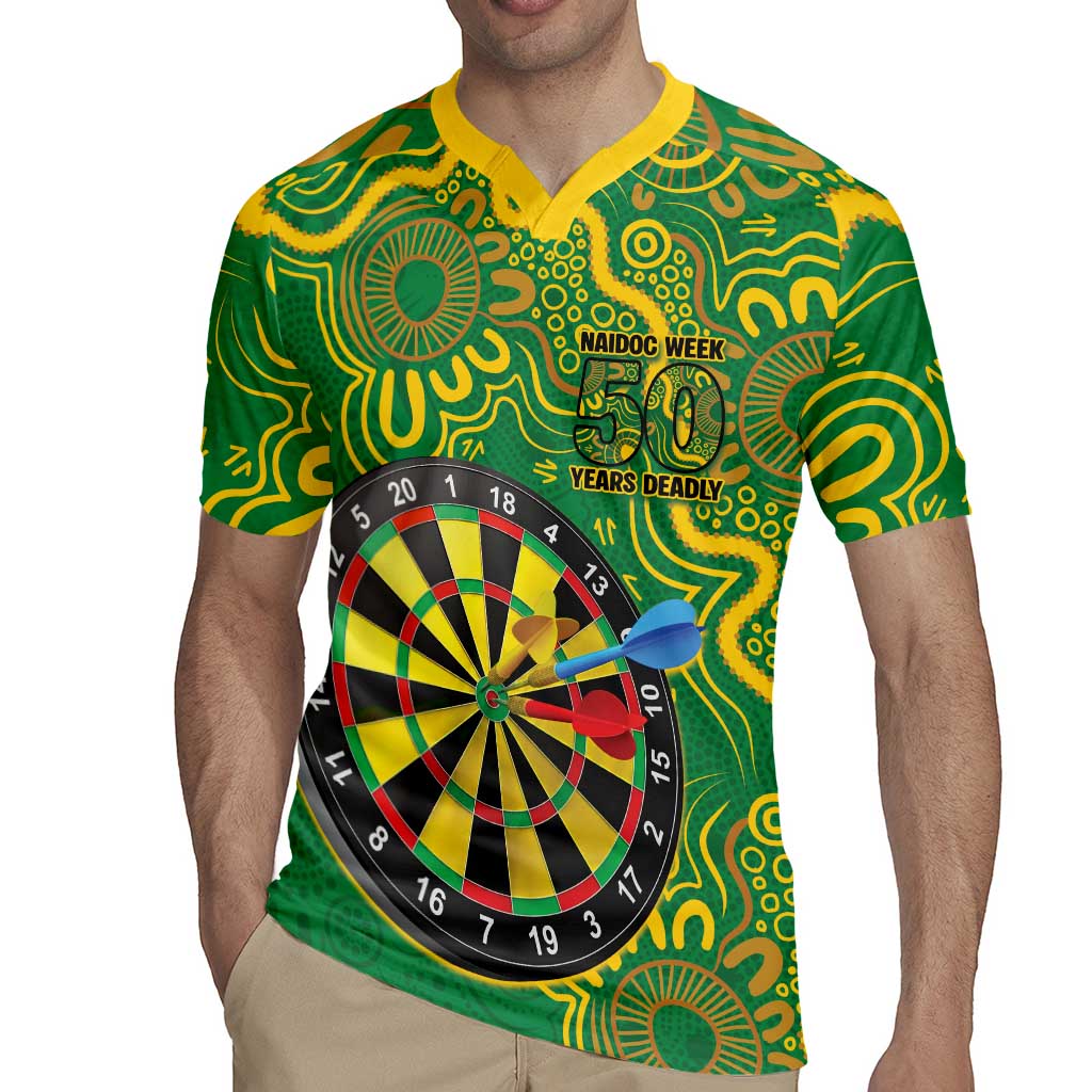 First Nations Darts NAIDOC 2026 Rugby Jersey Aboriginal Dot Art Dartboard Green
