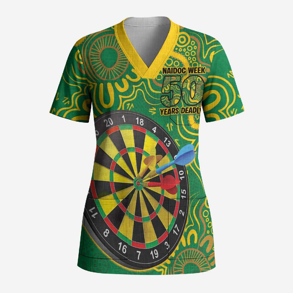 First Nations Darts NAIDOC 2026 Scrub Top Aboriginal Dot Art Dartboard Green
