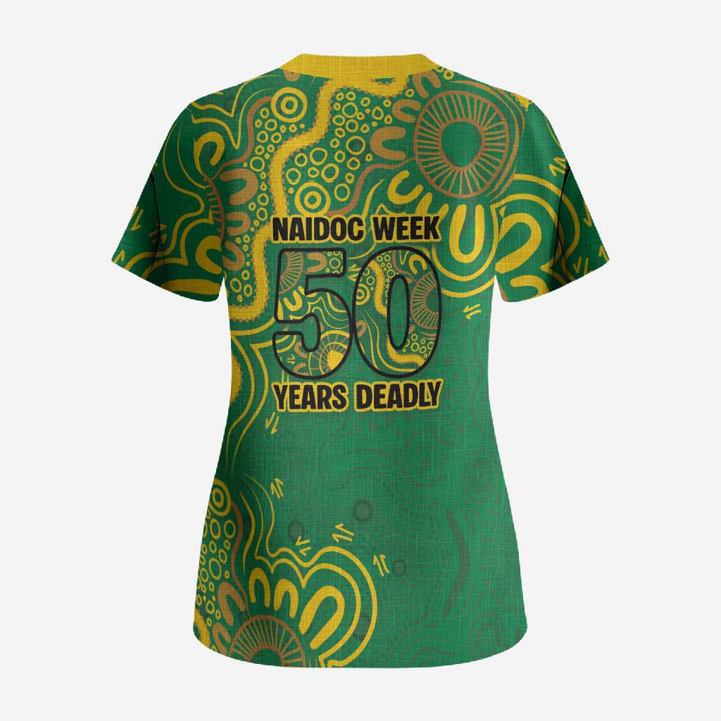 First Nations Darts NAIDOC 2026 Scrub Top Aboriginal Dot Art Dartboard Green