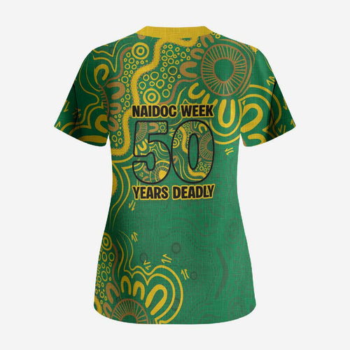 First Nations Darts NAIDOC 2026 Scrub Top Aboriginal Dot Art Dartboard Green