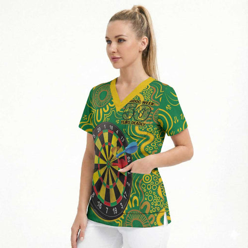 First Nations Darts NAIDOC 2026 Scrub Top Aboriginal Dot Art Dartboard Green