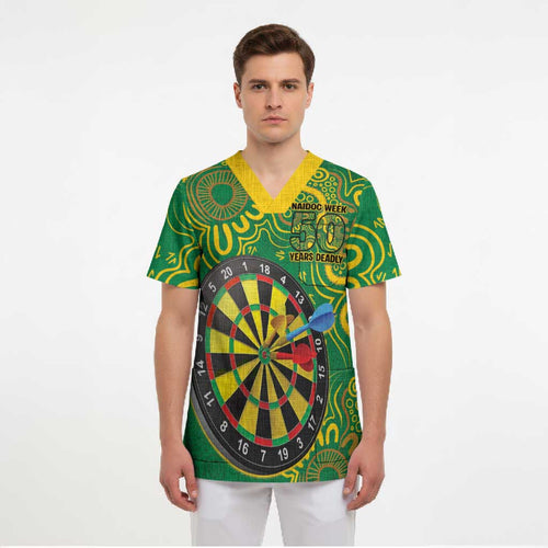 First Nations Darts NAIDOC 2026 Scrub Top Aboriginal Dot Art Dartboard Green