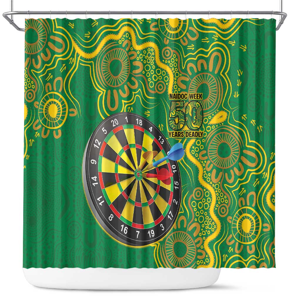 First Nations Darts NAIDOC 2026 Shower Curtain Aboriginal Dot Art Dartboard Green