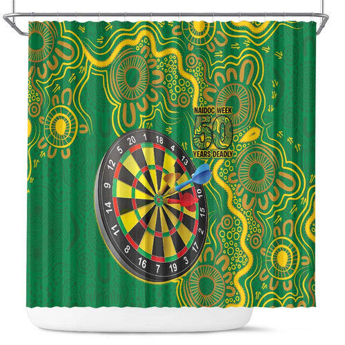 First Nations Darts NAIDOC 2026 Shower Curtain Aboriginal Dot Art Dartboard Green