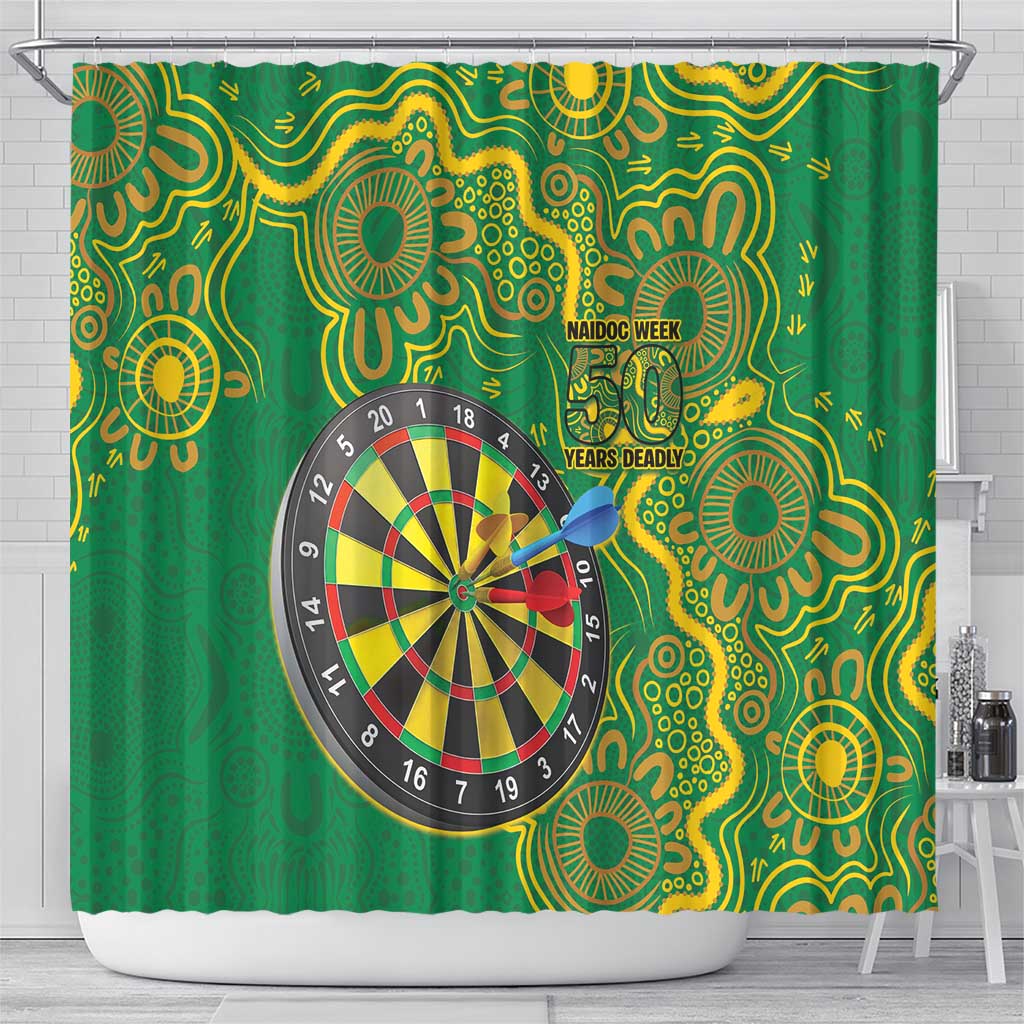 First Nations Darts NAIDOC 2026 Shower Curtain Aboriginal Dot Art Dartboard Green