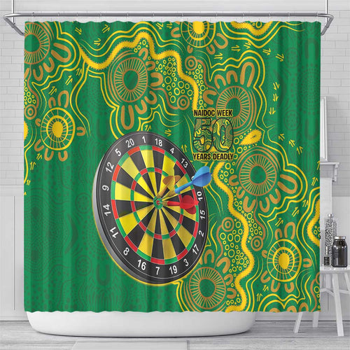 First Nations Darts NAIDOC 2026 Shower Curtain Aboriginal Dot Art Dartboard Green