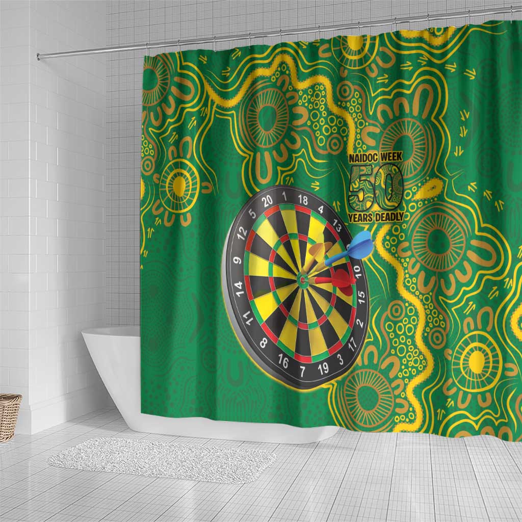 First Nations Darts NAIDOC 2026 Shower Curtain Aboriginal Dot Art Dartboard Green