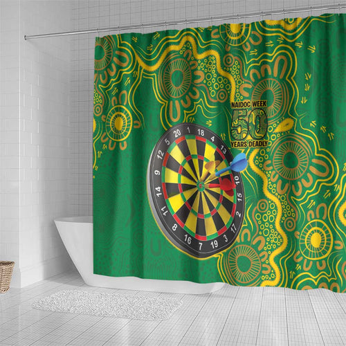 First Nations Darts NAIDOC 2026 Shower Curtain Aboriginal Dot Art Dartboard Green