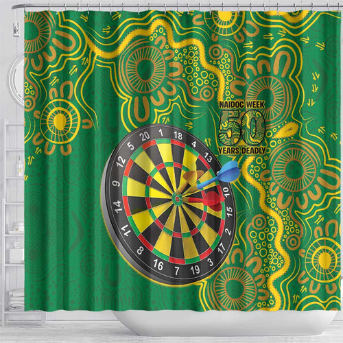 First Nations Darts NAIDOC 2026 Shower Curtain Aboriginal Dot Art Dartboard Green
