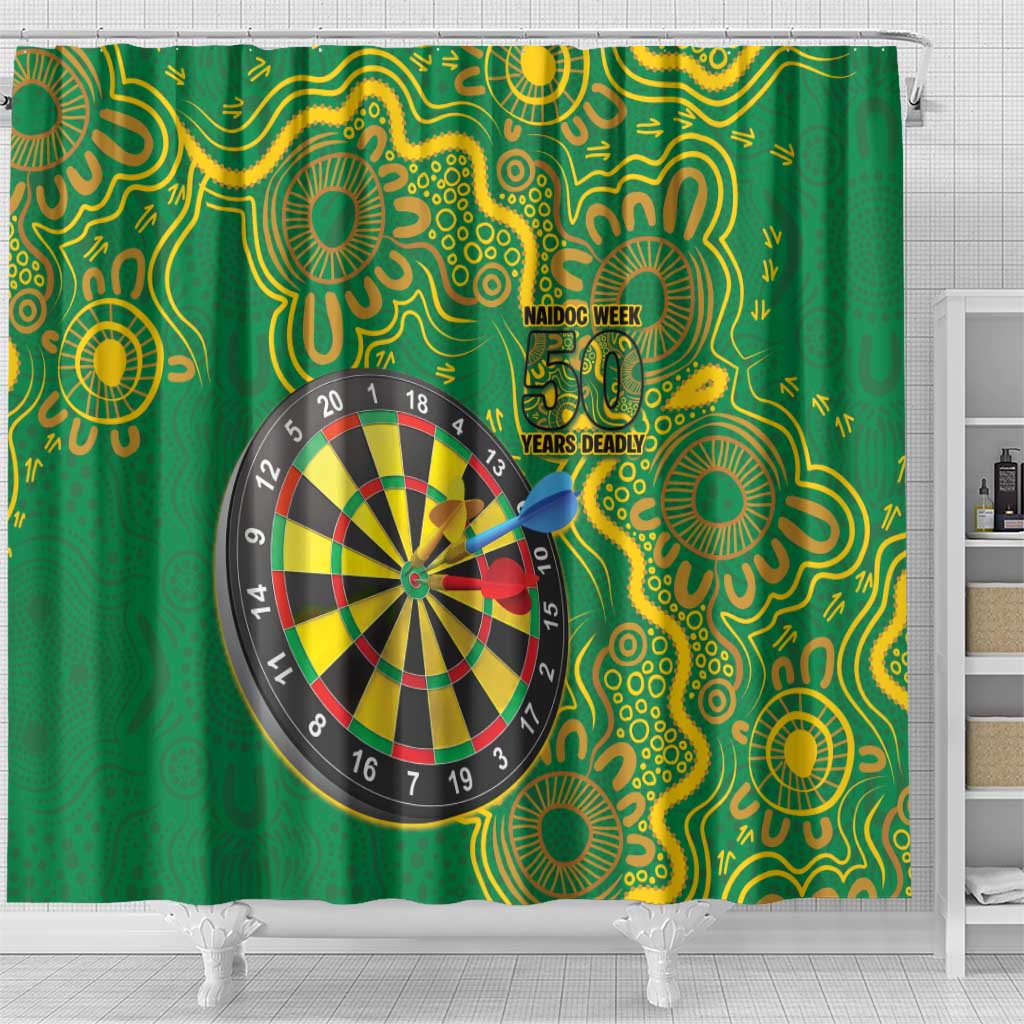 First Nations Darts NAIDOC 2026 Shower Curtain Aboriginal Dot Art Dartboard Green