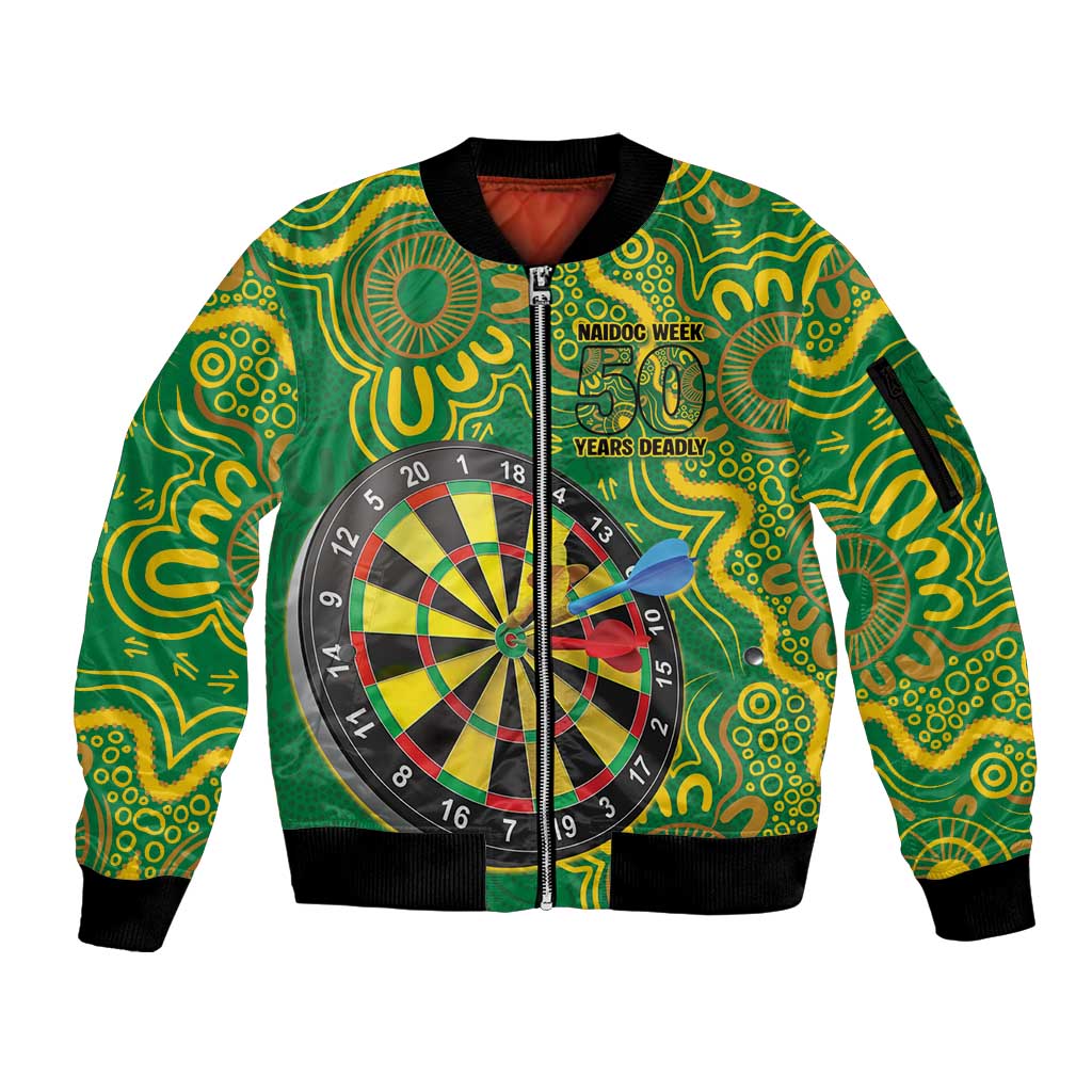 First Nations Darts NAIDOC 2026 Sleeve Zip Bomber Jacket Aboriginal Dot Art Dartboard Green