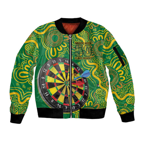 First Nations Darts NAIDOC 2026 Sleeve Zip Bomber Jacket Aboriginal Dot Art Dartboard Green