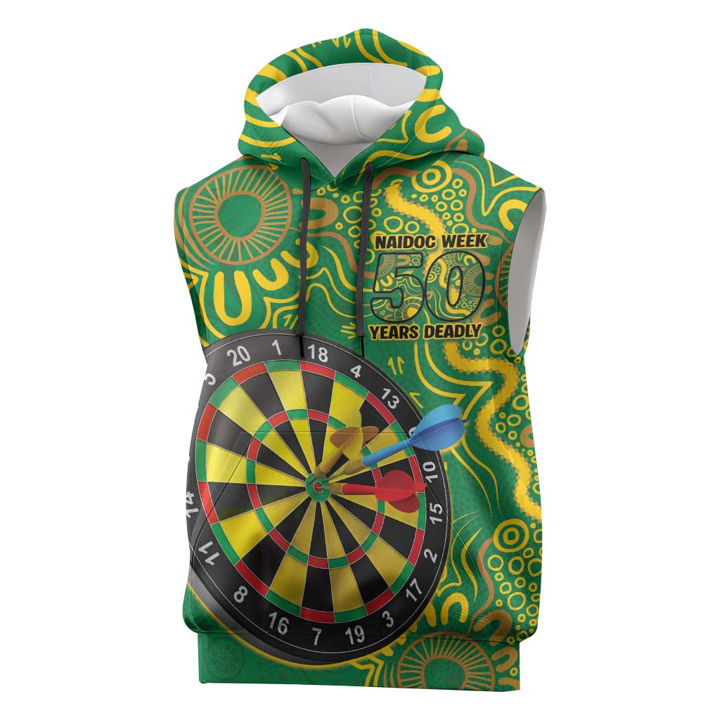 First Nations Darts NAIDOC 2026 Sleeveless Hoodie Aboriginal Dot Art Dartboard Green