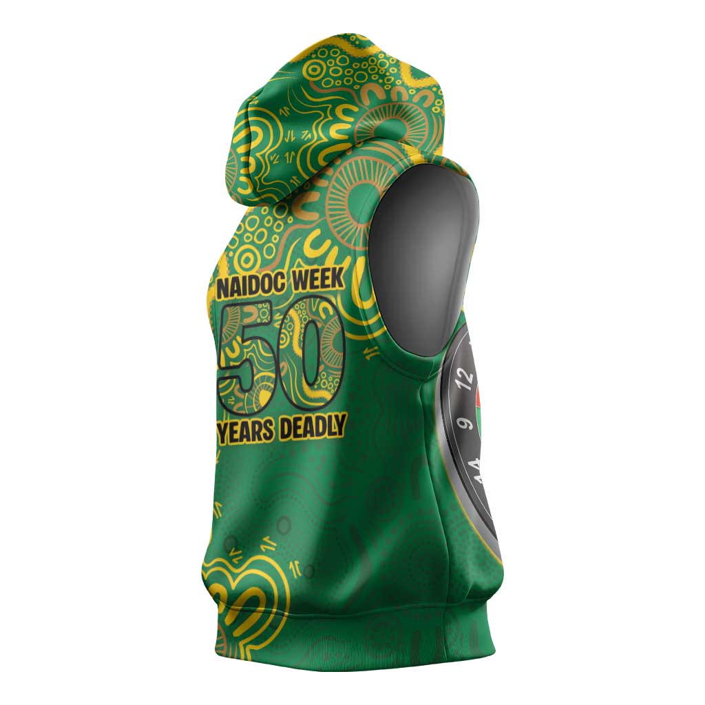 First Nations Darts NAIDOC 2026 Sleeveless Hoodie Aboriginal Dot Art Dartboard Green