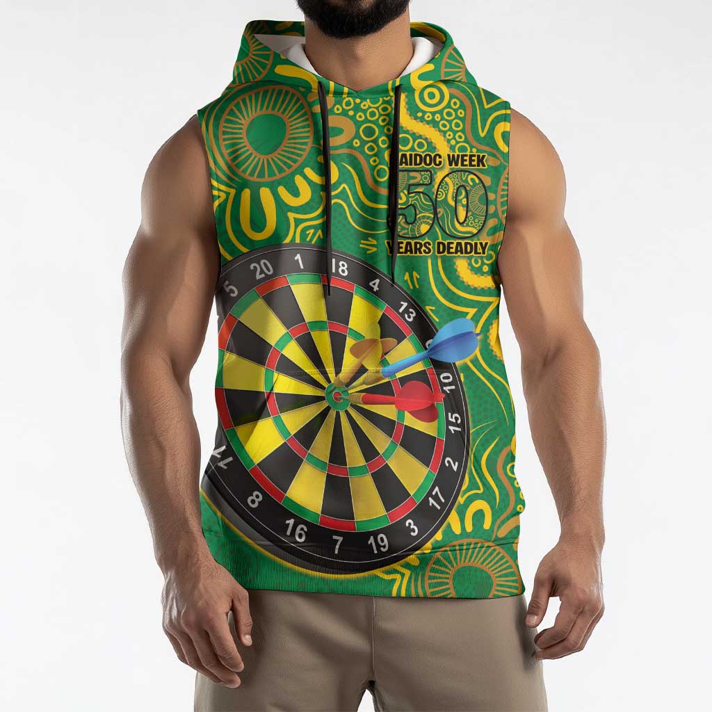 First Nations Darts NAIDOC 2026 Sleeveless Hoodie Aboriginal Dot Art Dartboard Green