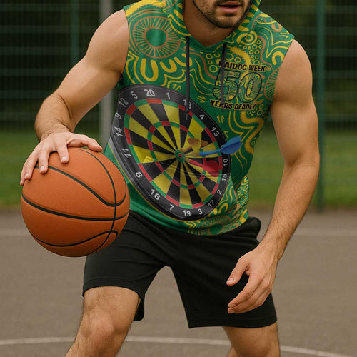 First Nations Darts NAIDOC 2026 Sleeveless Hoodie Aboriginal Dot Art Dartboard Green