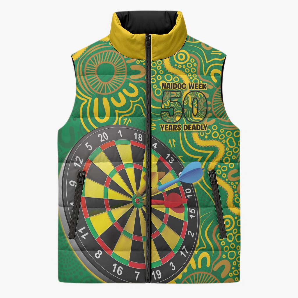 First Nations Darts NAIDOC 2026 Sleeveless Puffer Jacket Aboriginal Dot Art Dartboard Green