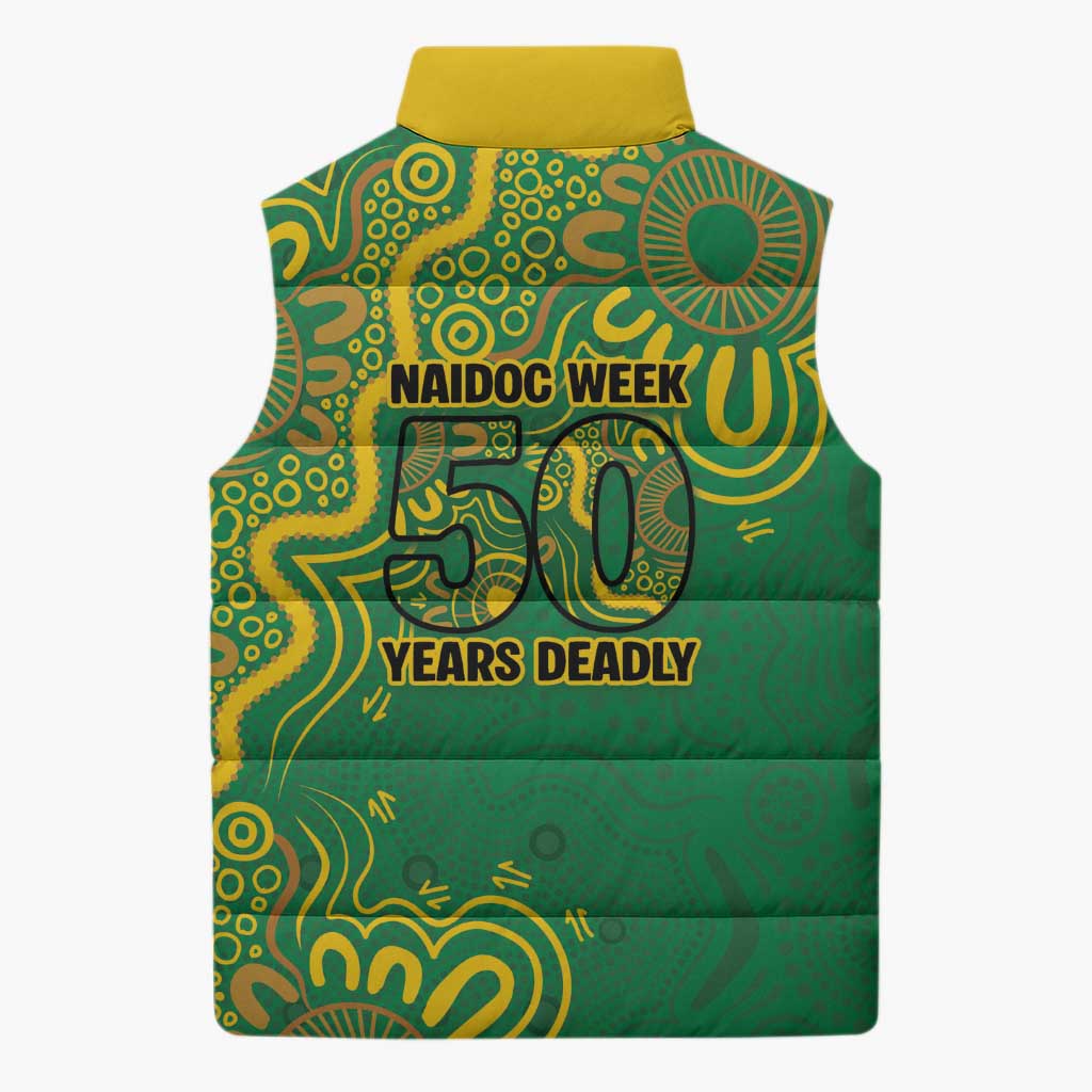 First Nations Darts NAIDOC 2026 Sleeveless Puffer Jacket Aboriginal Dot Art Dartboard Green