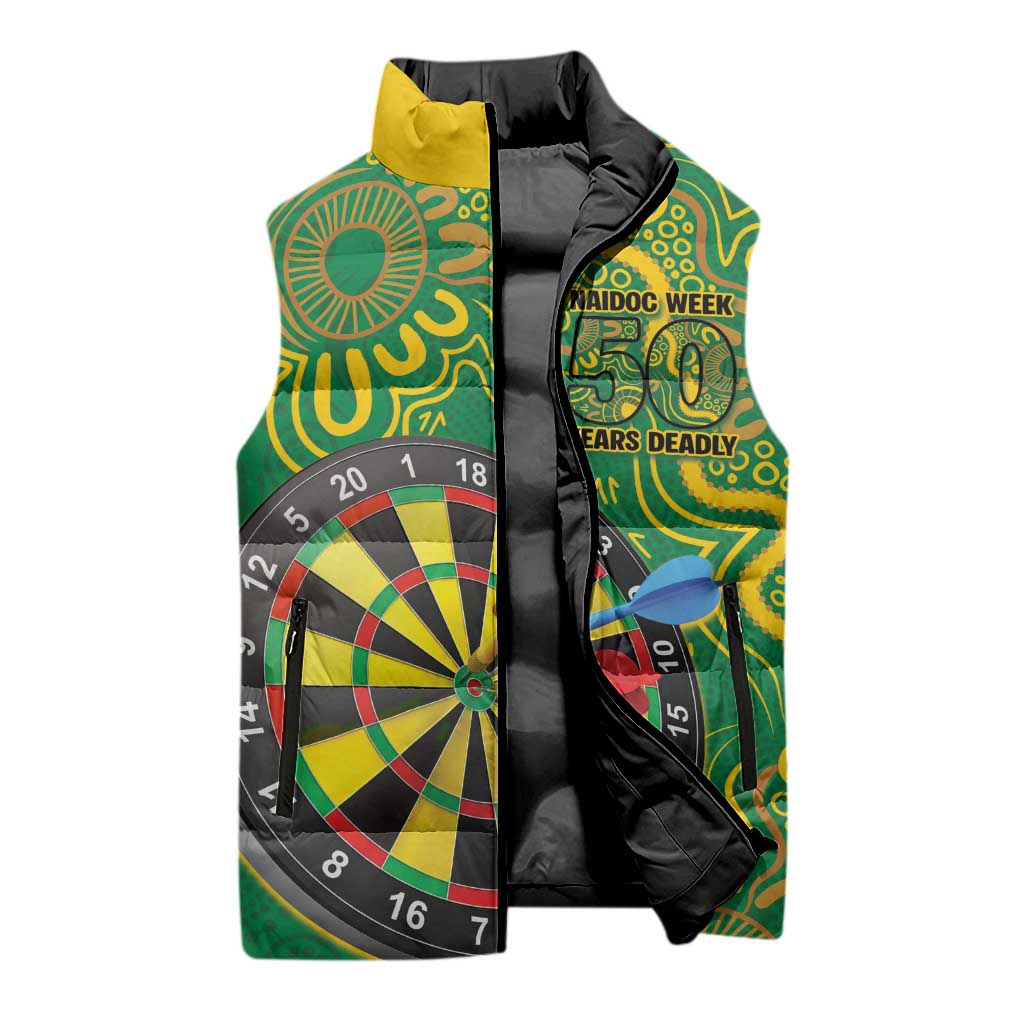 First Nations Darts NAIDOC 2026 Sleeveless Puffer Jacket Aboriginal Dot Art Dartboard Green