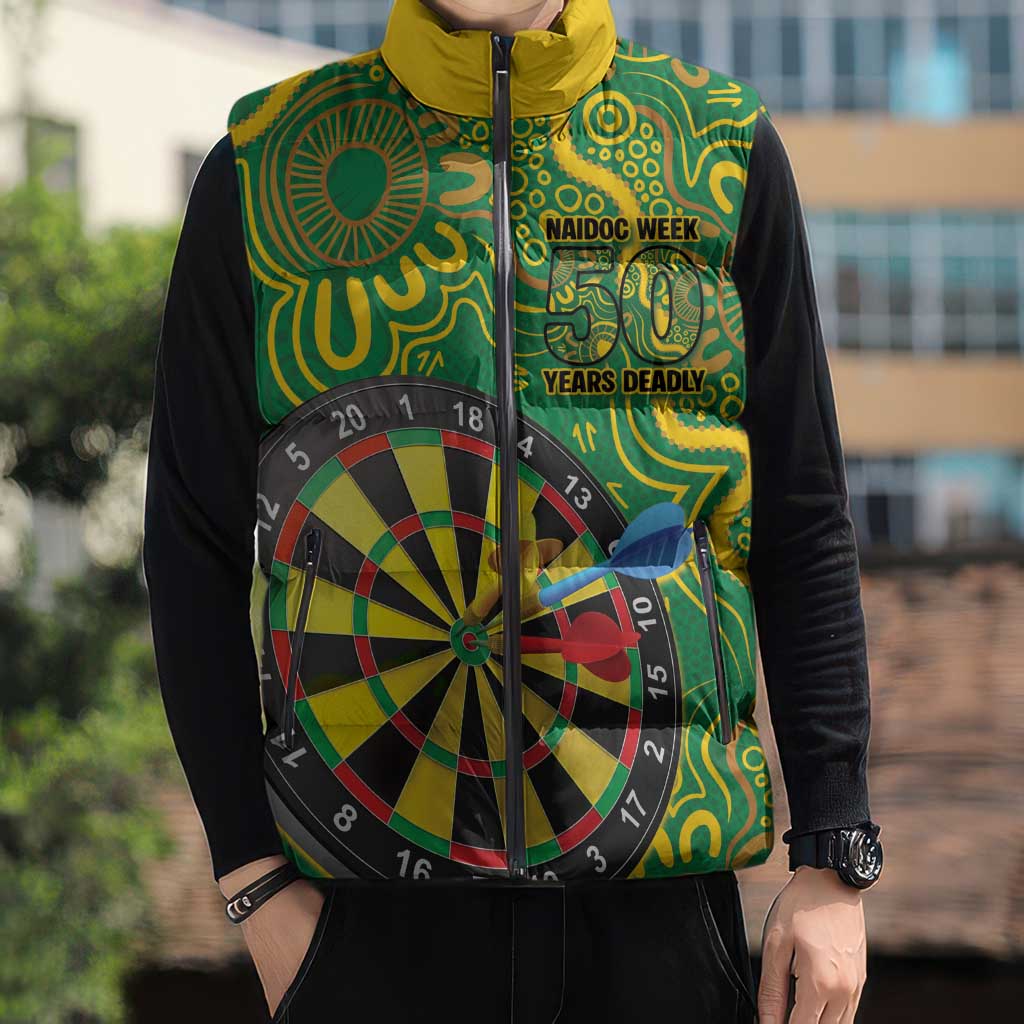 First Nations Darts NAIDOC 2026 Sleeveless Puffer Jacket Aboriginal Dot Art Dartboard Green