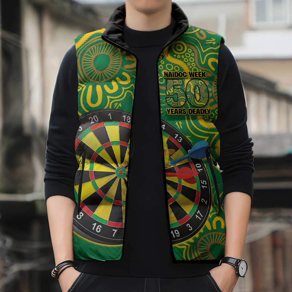 First Nations Darts NAIDOC 2026 Sleeveless Puffer Jacket Aboriginal Dot Art Dartboard Green