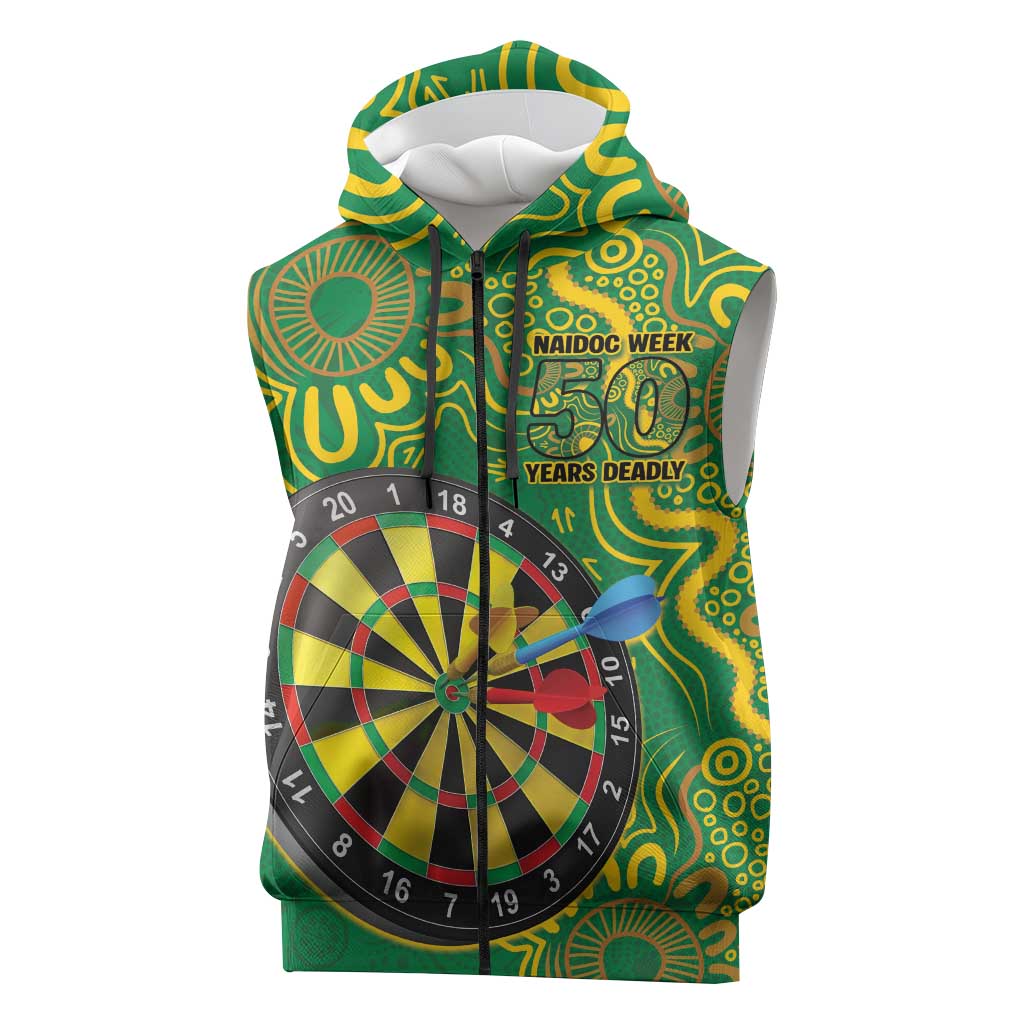First Nations Darts NAIDOC 2026 Sleeveless Zip Hoodie Aboriginal Dot Art Dartboard Green