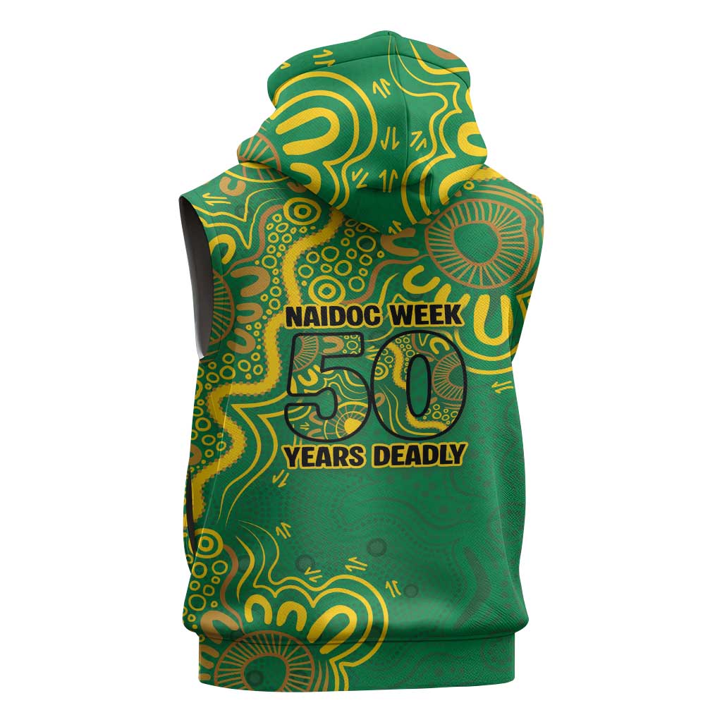 First Nations Darts NAIDOC 2026 Sleeveless Zip Hoodie Aboriginal Dot Art Dartboard Green
