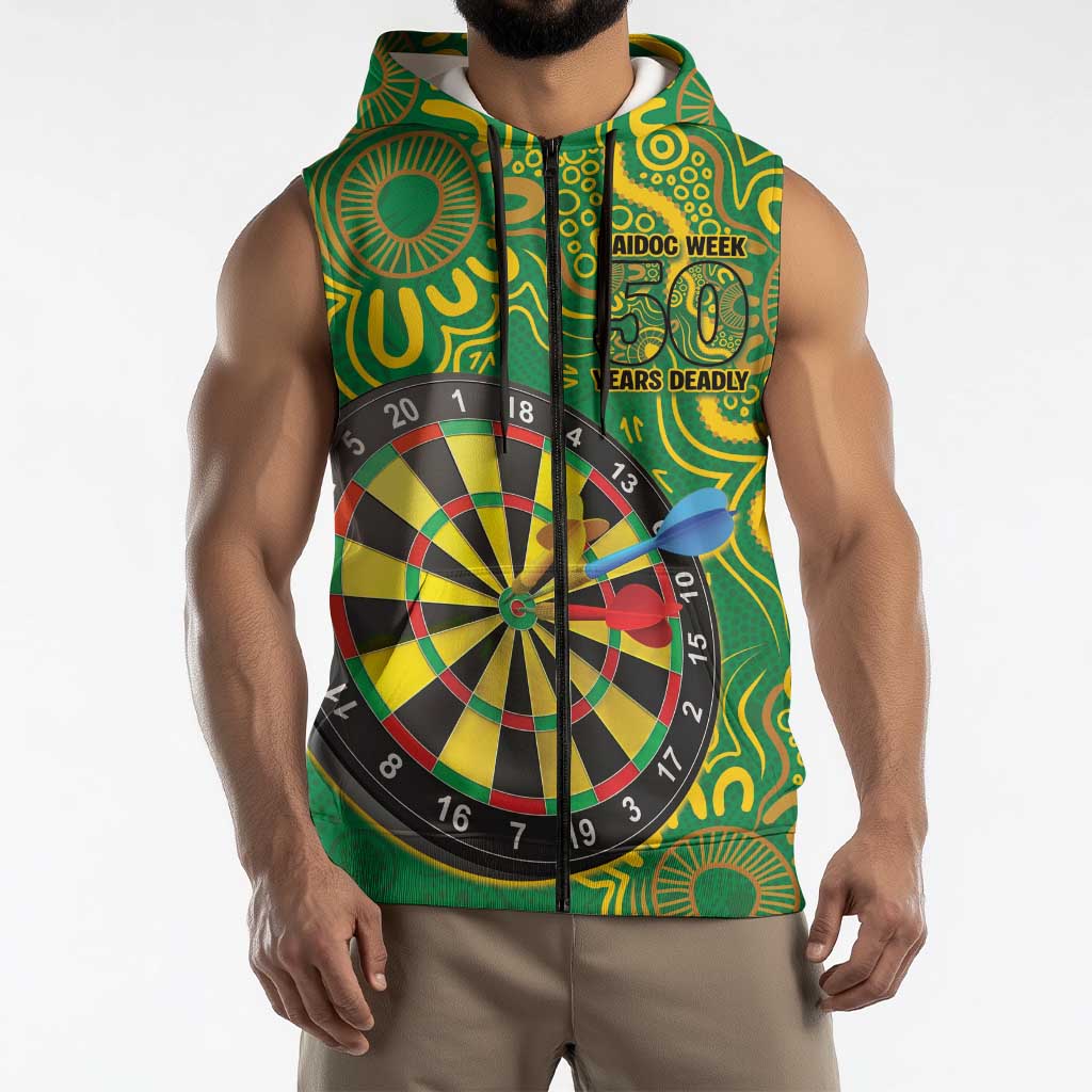First Nations Darts NAIDOC 2026 Sleeveless Zip Hoodie Aboriginal Dot Art Dartboard Green