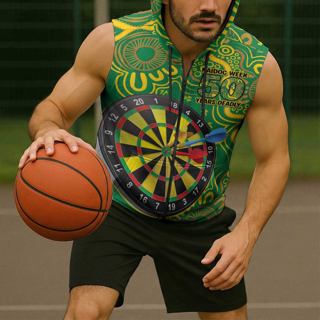 First Nations Darts NAIDOC 2026 Sleeveless Zip Hoodie Aboriginal Dot Art Dartboard Green