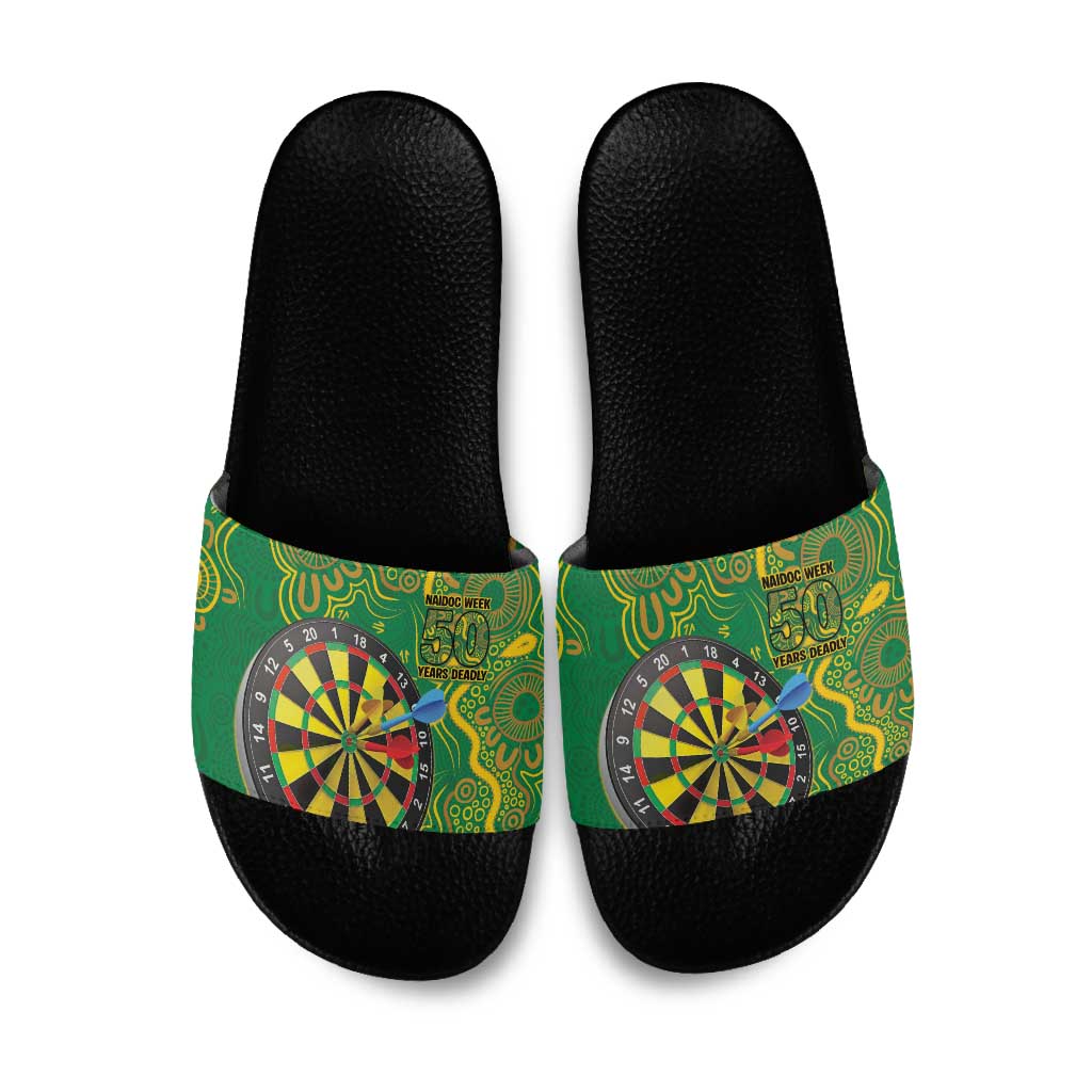 First Nations Darts NAIDOC 2026 Slide Sandals Aboriginal Dot Art Dartboard Green