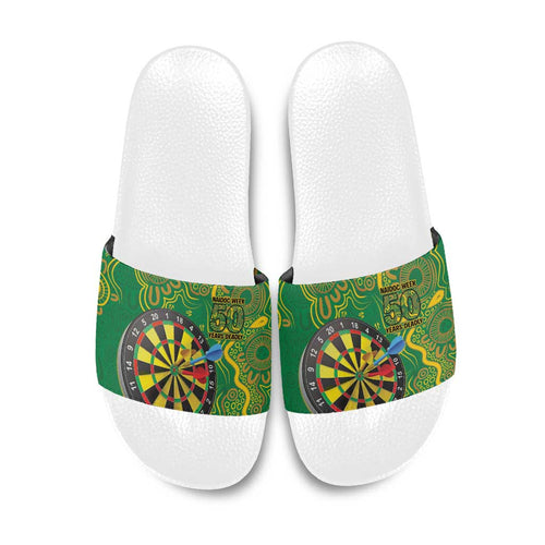First Nations Darts NAIDOC 2026 Slide Sandals Aboriginal Dot Art Dartboard Green