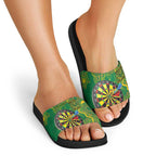 First Nations Darts NAIDOC 2026 Slide Sandals Aboriginal Dot Art Dartboard Green