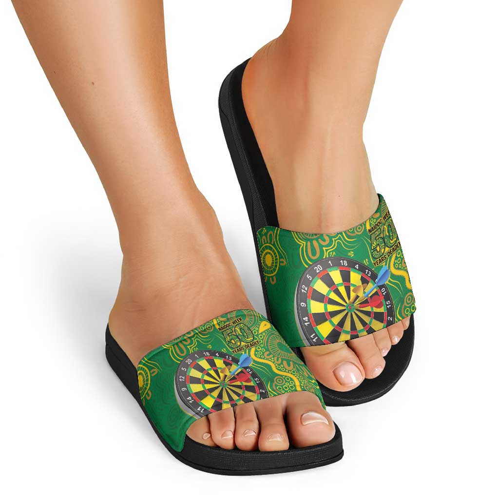 First Nations Darts NAIDOC 2026 Slide Sandals Aboriginal Dot Art Dartboard Green
