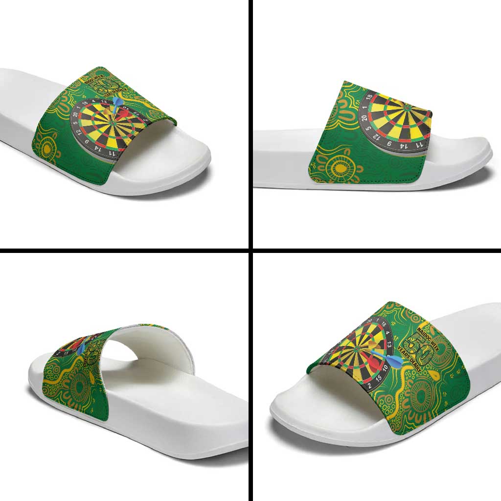 First Nations Darts NAIDOC 2026 Slide Sandals Aboriginal Dot Art Dartboard Green