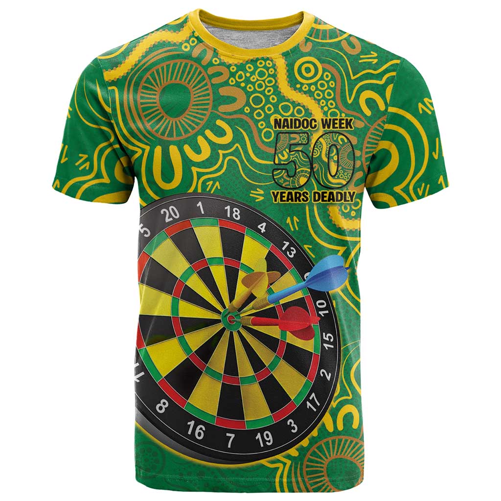 First Nations Darts NAIDOC 2026 T Shirt Aboriginal Dot Art Dartboard Green