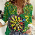 First Nations Darts NAIDOC 2026 Women Casual Shirt Aboriginal Dot Art Dartboard Green