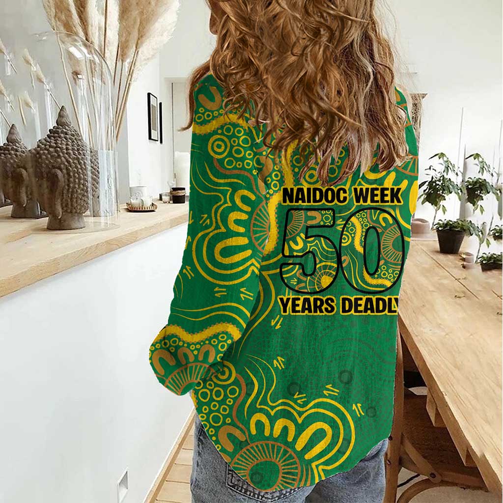 First Nations Darts NAIDOC 2026 Women Casual Shirt Aboriginal Dot Art Dartboard Green