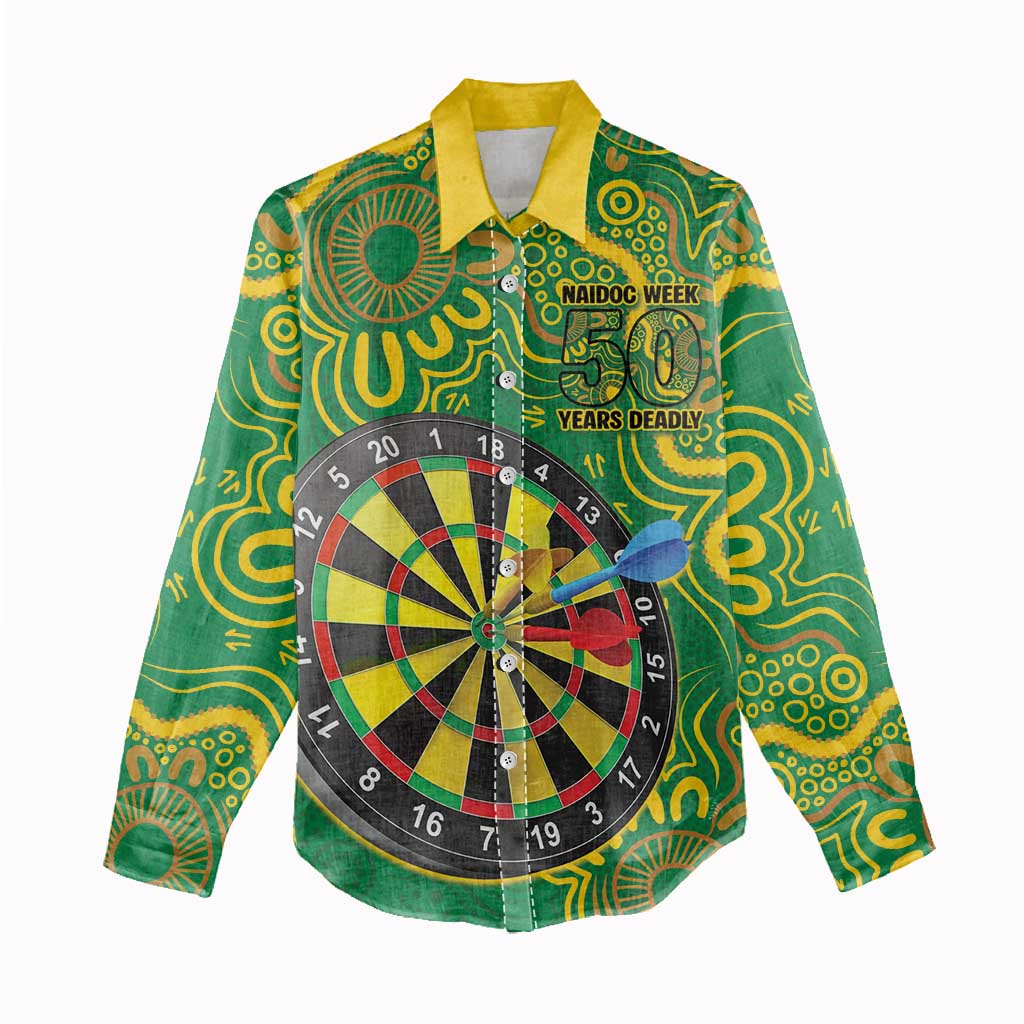 First Nations Darts NAIDOC 2026 Women Casual Shirt Aboriginal Dot Art Dartboard Green