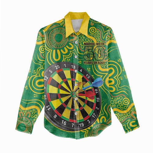 First Nations Darts NAIDOC 2026 Women Casual Shirt Aboriginal Dot Art Dartboard Green