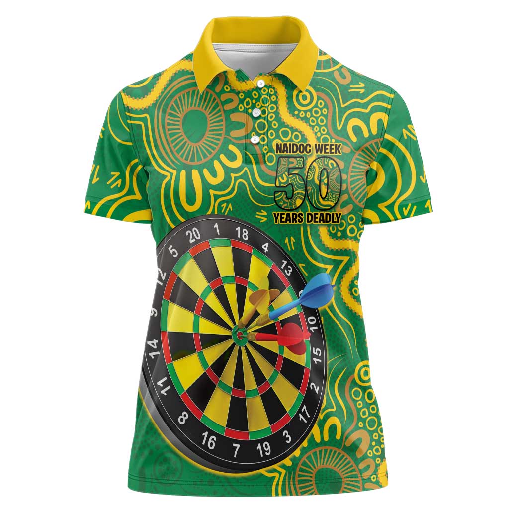 First Nations Darts NAIDOC 2026 Women Polo Shirt Aboriginal Dot Art Dartboard Green