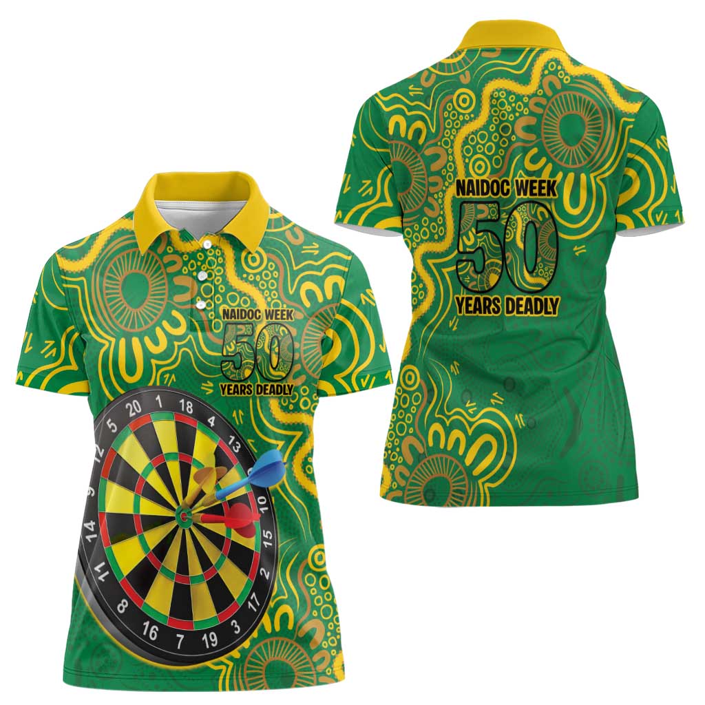 First Nations Darts NAIDOC 2026 Women Polo Shirt Aboriginal Dot Art Dartboard Green