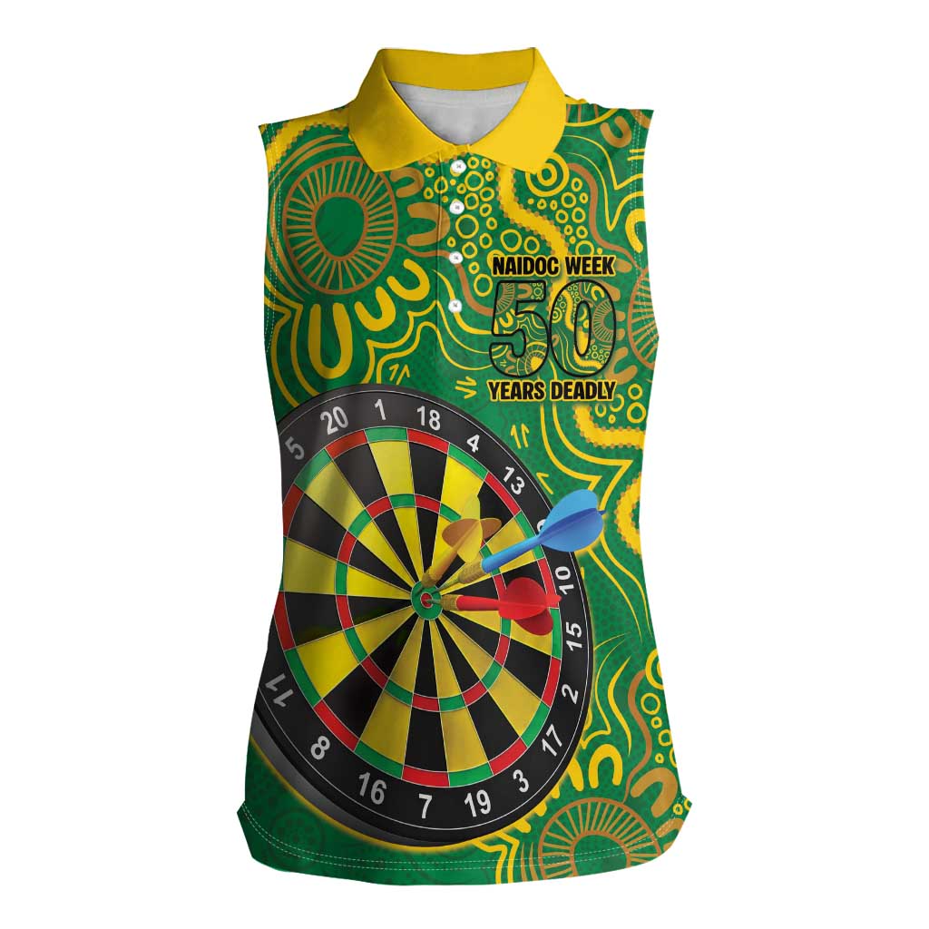 First Nations Darts NAIDOC 2026 Women Sleeveless Polo Shirt Aboriginal Dot Art Dartboard Green