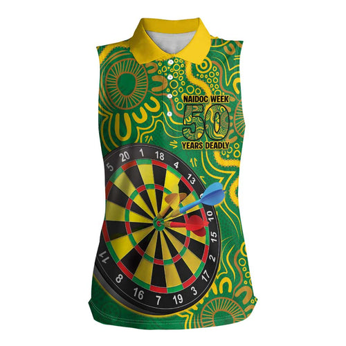 First Nations Darts NAIDOC 2026 Women Sleeveless Polo Shirt Aboriginal Dot Art Dartboard Green